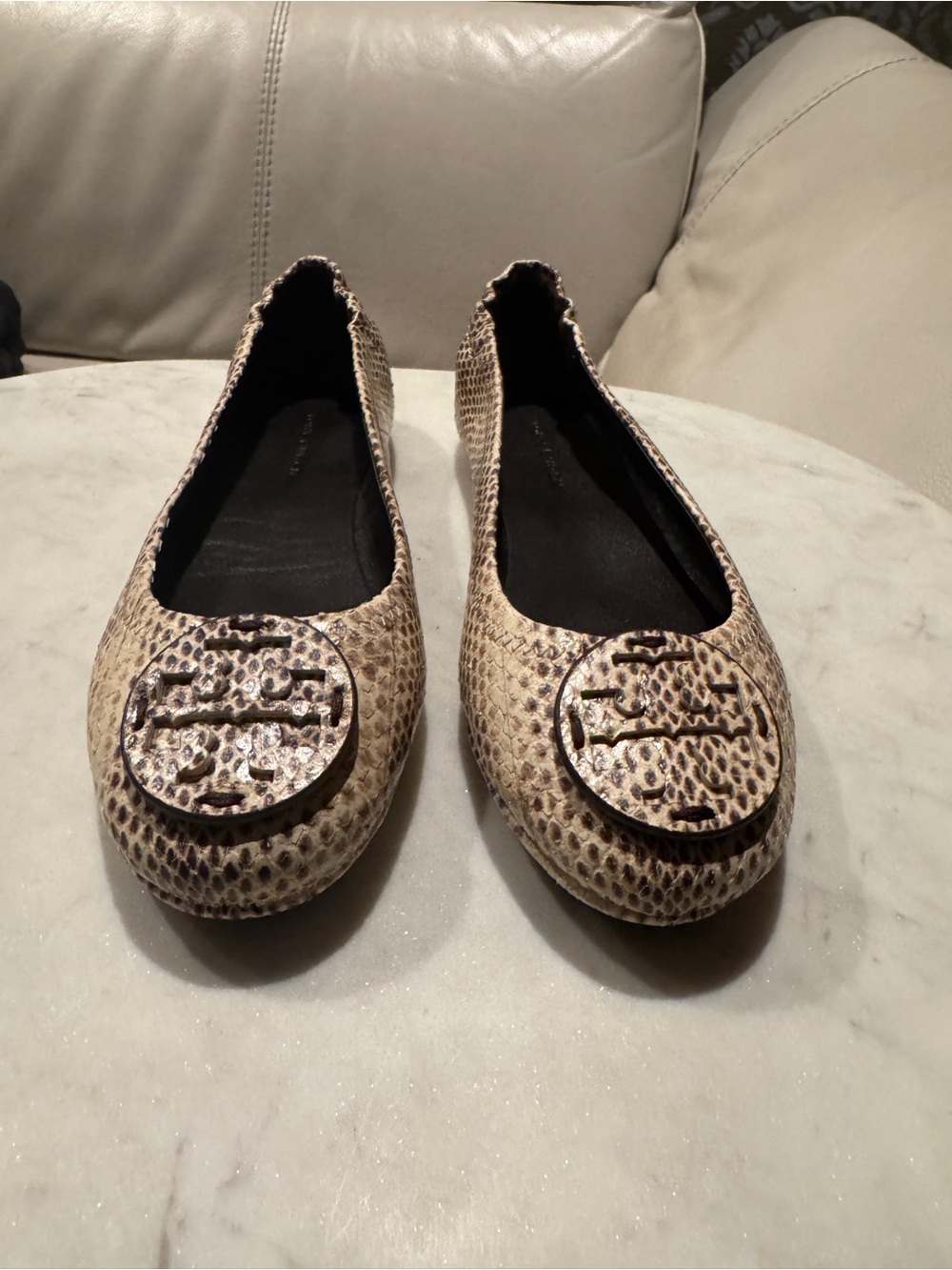 Tory Burch Neutral Snake-Print Logo Ballet Flats